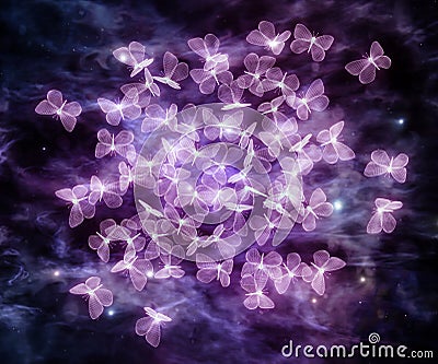 Flock of violet neon polygonal butterflies. Wireframe technology structure Cartoon Illustration