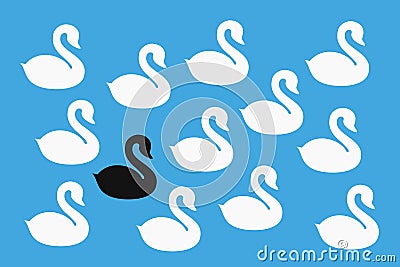 Flock of white swans with one black swan - expectional, rare, different and unexpected animal Vector Illustration