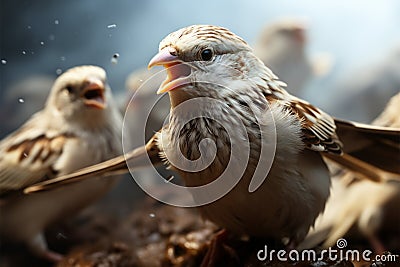 Flock of wild sparrows, showcasing the charming Passer montanus species Stock Photo