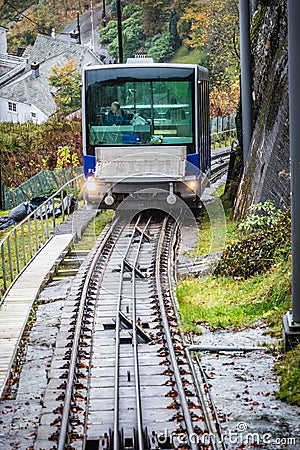 The Floibanen funicular arriving at the station Editorial Stock Photo