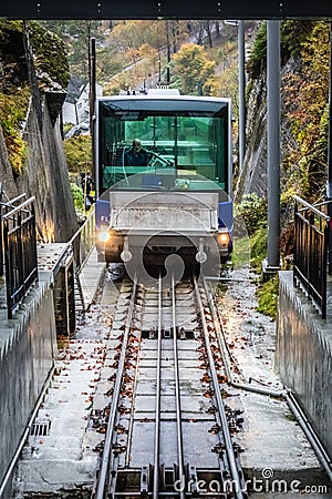 The Floibanen funicular arriving at the station Editorial Stock Photo