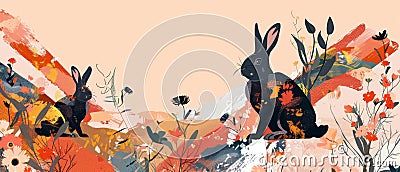 Flok flower decor Easter bunnies with a silhouette of a sitting and lying rabbit. Hand drawn illustrated art in a trendy Stock Photo