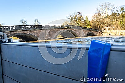 Flood barriers put in place to protect Bewdley river from flooding,Bewdley,Worcestershire,England,UK Editorial Stock Photo