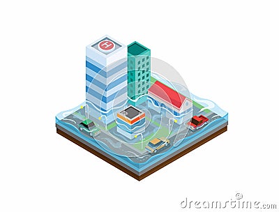 Flood city isometric. climate change raining storm impact in town illustration vector Vector Illustration