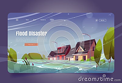 Flood disaster banner, inundation and rain in city Vector Illustration