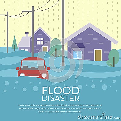 Flood disaster concept with house and car are flood vector design Vector Illustration