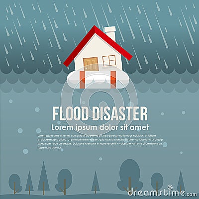 Flood disaster with home on Life ring in flood water and rain vector design Vector Illustration