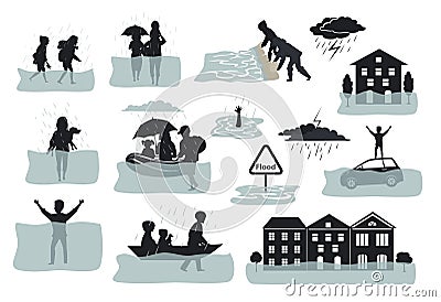 Flood infographic silhouette elements. flooded houses, city, car, people escape from floodwaters leaving houses, homes, rescue fam Vector Illustration