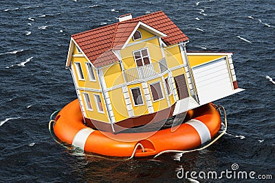 Flood insurance concept. Home inside lifebuoy swimming in the wa Stock Photo