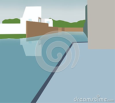 Flood natural disaster with house, damage with home, flooding water in city. Vector Illustration