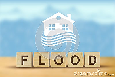 Flood natural disaster with house, rainy season, heavy rain and storm, illustration Cartoon Illustration