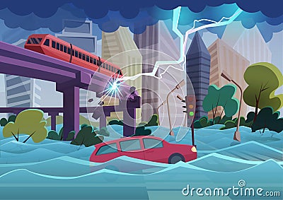 Flood and storm natural disaster in modern city. City floods and cars floating in the water. Huge lightning breaks the Vector Illustration