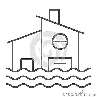 Flood thin line icon, disaster and home, flooded house sign, vector graphics, a linear pattern on a white background. Vector Illustration