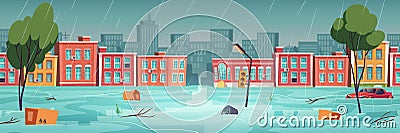 Flood in town, river, water stream on city street Vector Illustration