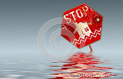 Flood warning sign,climate change, inundation, flooding in Germany, grungy style, copy space Stock Photo