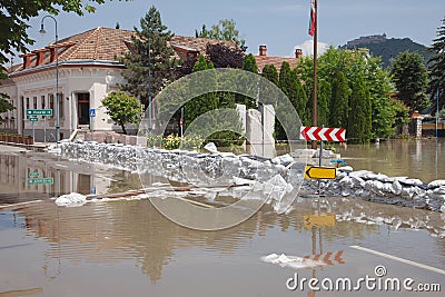 Flooded street and houses Stock Photo