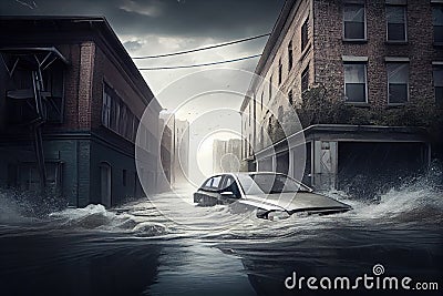 flood waters flowing through street and lifting cars above ground flood consequences Stock Photo