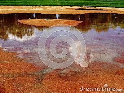 Flooded Baseball Base Ball Diamond Field from Rain or Flooding Stock Photo