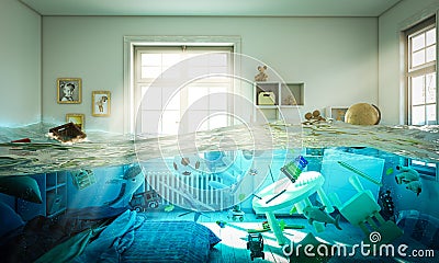 Flooded bedroom full of toys floating in the water Stock Photo