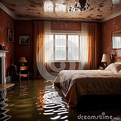 Flooded bedroom in house, with water damage and insurance problems Stock Photo