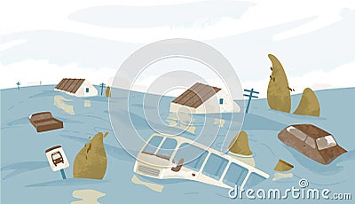 Flooded city or town. Houses, cars, trees, road signs submerged. Buildings and automobiles covered with water. Natural Vector Illustration