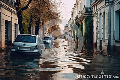 Flooded Cityscape A Car Stranded in European Urban Waters Stock Photo