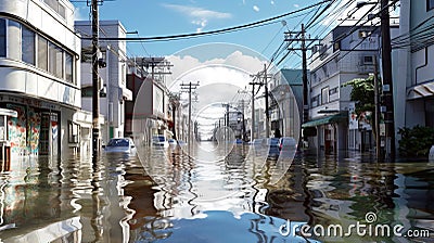 A flooded coastal Japanese city from floods caused by rising sea levels due to the melting of glaciers and ice sheets. Stock Photo