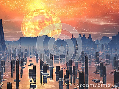 Flooded Future City with Red Giant Sun Stock Photo