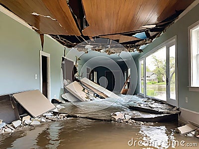 a flooded house with a pile of furniture in the middle of the room Stock Photo