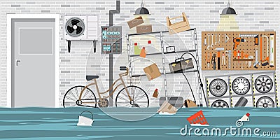 Flooded interior storage room with metal shelf Vector Illustration