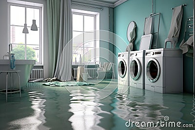 Flooded modern bathroom with washing mashines. Generative AI Stock Photo