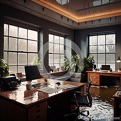 Flooded office room, with water damage and insurance problems Stock Photo