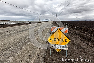 Flooded Roadway Sign Editorial Stock Photo