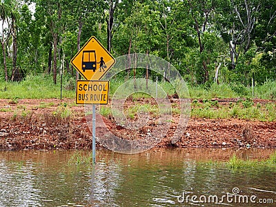 Flooded School Bus Route Road Sign Stock Photo