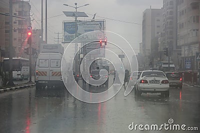 A flooded street during a rainy day in the town of Deir Al-Balah in the central Gaza Strip Editorial Stock Photo