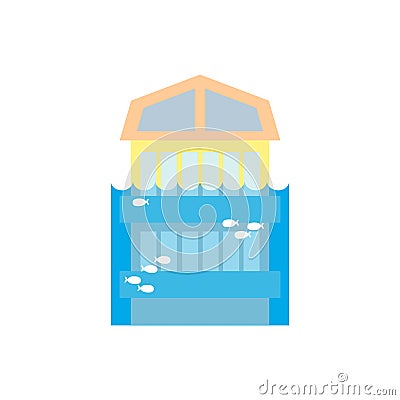 Flooding Building. many of water architecture. Deluge institution. Flood house. spontaneous disaster. Tsunami cataclysm city Vector Illustration