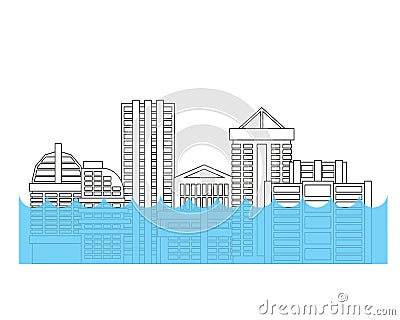 Flooding in city. Flood in town. House flooded. Building in water Vector Illustration