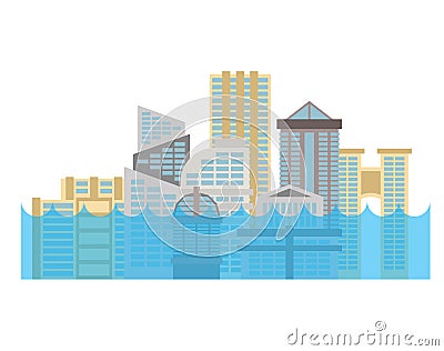 Flooding in city. Flood in town. House flooded. Building in water Vector Illustration