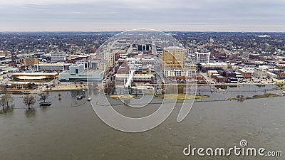 Flooding on the Mississippi Downtown Waterfront in Davenport Iowa Stock Photo