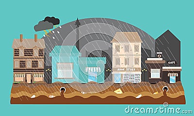 Flooding flooded store shop mall street town weather high tide Vector Illustration