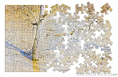 Flooding after torrential rain in a sunny day - concept image in puzzle shape Stock Photo