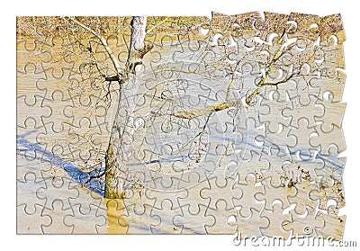 Flooding after torrential rain in a sunny day - concept image in puzzle shape Stock Photo