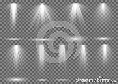 Floodlight. Light spotlight stage beam, spot lamp projection studio lights beam concert club show scene illumination set Vector Illustration