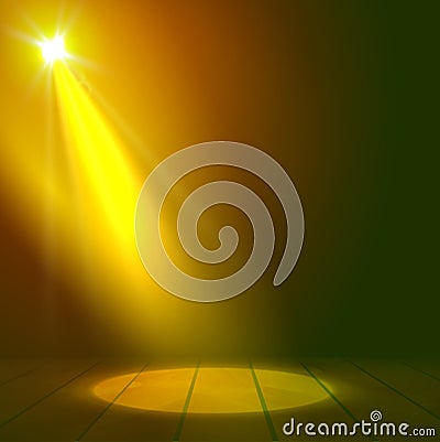 Floodlight spotlight illuminates wooden scene. Flash light on stage. Presenatation or performance background vector illustration. Vector Illustration