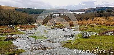 Floodwater on dartmoor running in to burrator reservoir Stock Photo