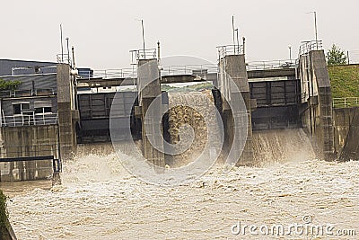 Floodwater through power station, Bosnia Stock Photo