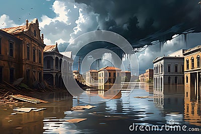 Floodwaters Surge Around Crumbling Buildings: Debris Swirling in the Murky Depths Delineate Structural Decay Stock Photo