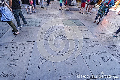 The floor of Chinese Theater in Hollywood - full of footprints and handprints of the stars - LOS ANGELES - CALIFORNIA - Editorial Stock Photo