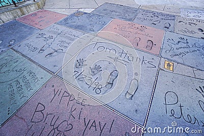 The floor of Chinese Theater in Hollywood - full of footprints and handprints of the stars - LOS ANGELES - CALIFORNIA - Editorial Stock Photo