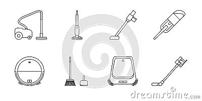 Floor cleaning set - broom, scoop, robot vacuum cleaner. Black and white icon. Vector Illustration Vector Illustration